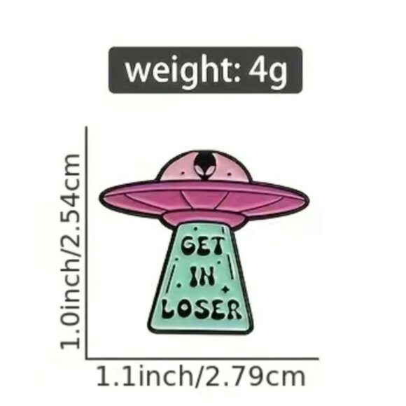 "GET IN LOSER" Enamel Pin Alien Spaceship Brooch Lapel Pink Teal Punk Style - Picture 4 of 4